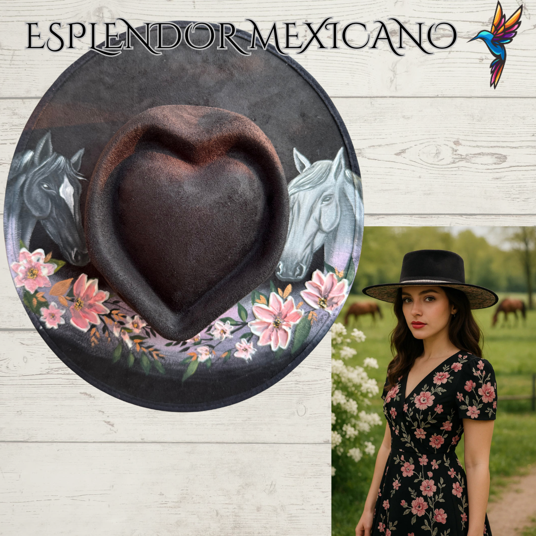 π€ Heart-Shaped Suede Cowgirl Hat β Hand-Painted Horses & 3D Flowers