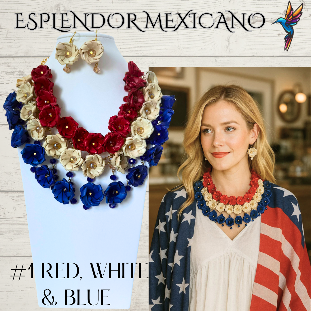 ❤️🤍💚💙 Rosalía Bloom Statement Necklace Set – Handmade Palm & Glass Beads