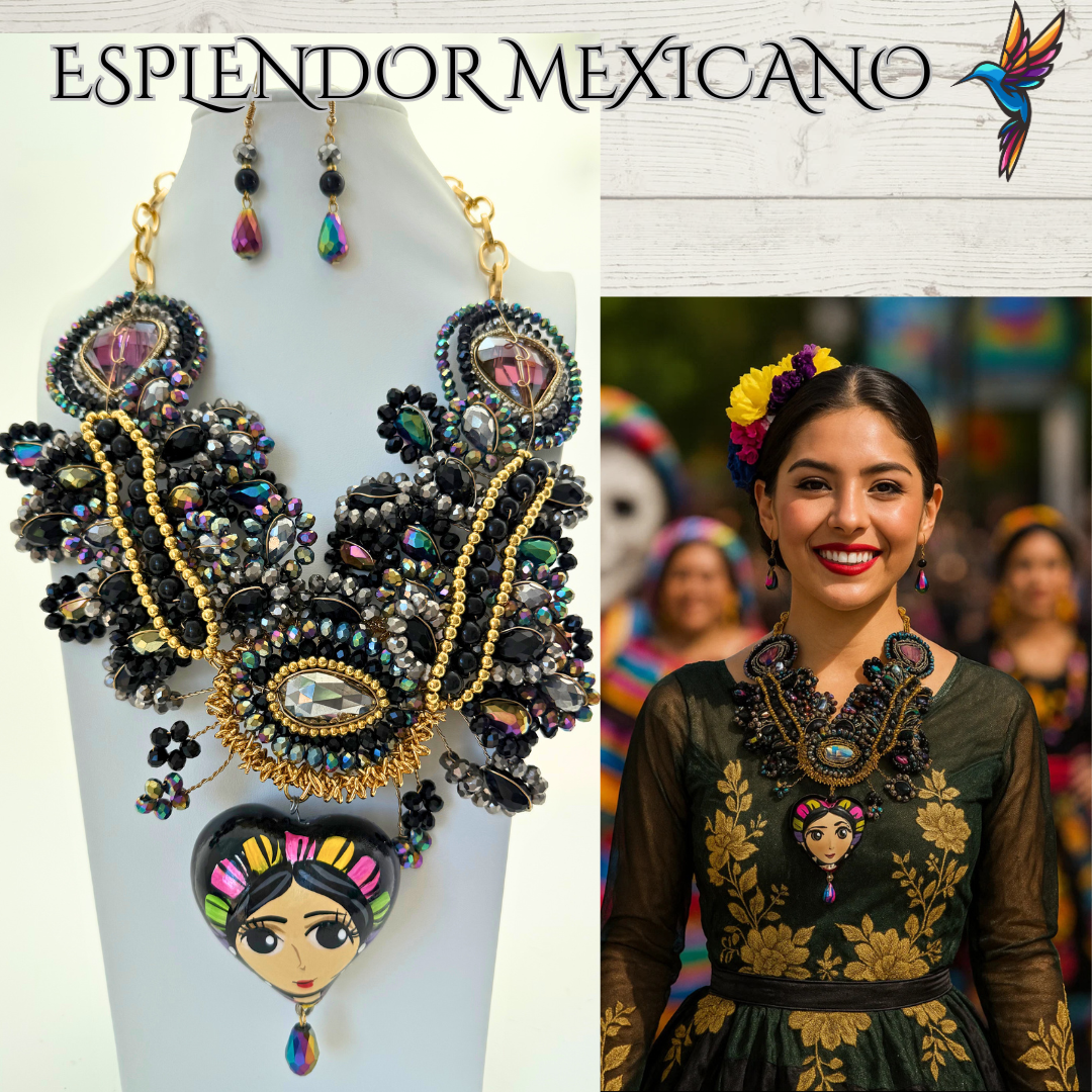 🤍✨ Bedazzled Skull Necklace Set – Handmade in Mexico
