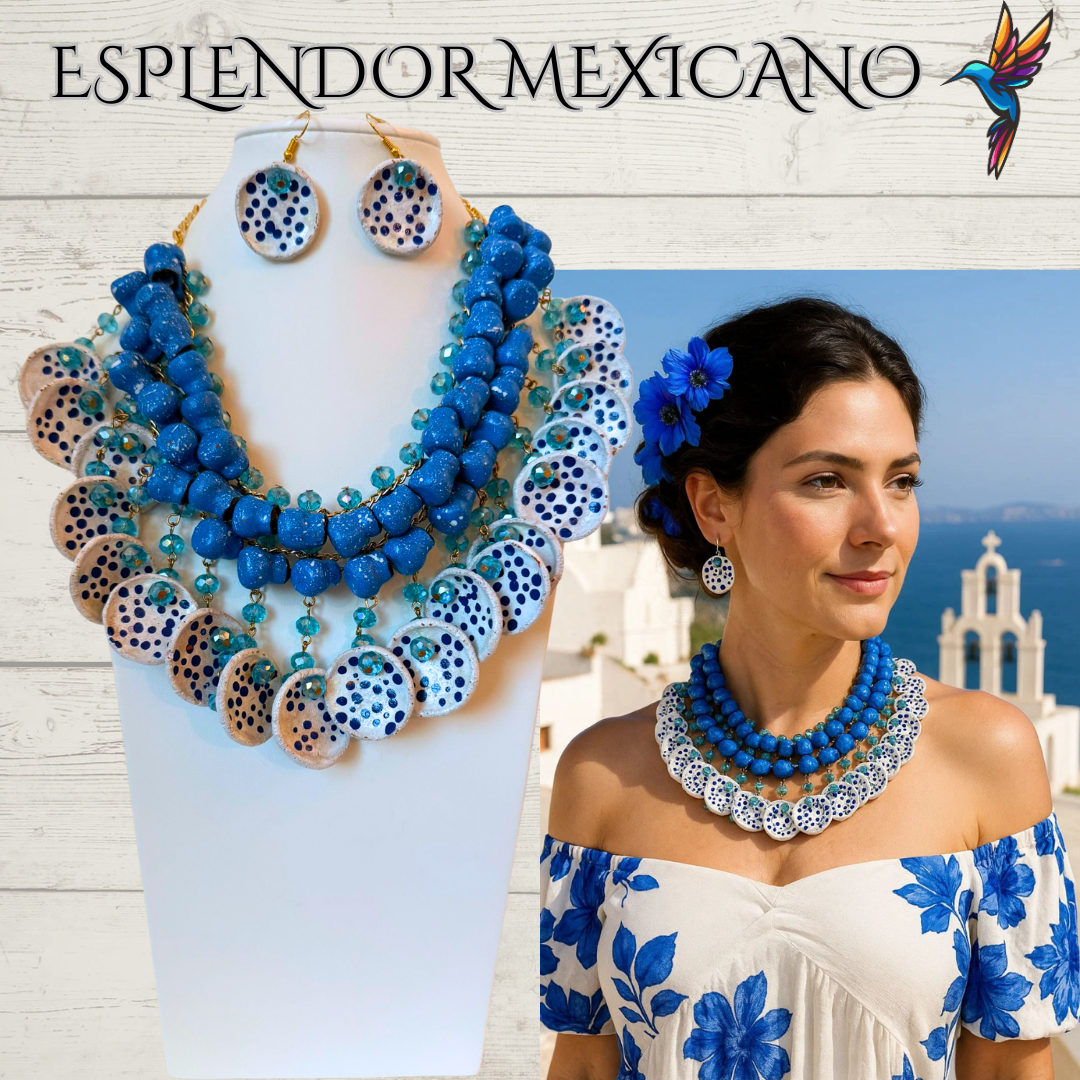 ππ©΅ Fiesta Dreams Statement Necklace Set β Talavera Clay Jarritos, Platitos & Glass Beads