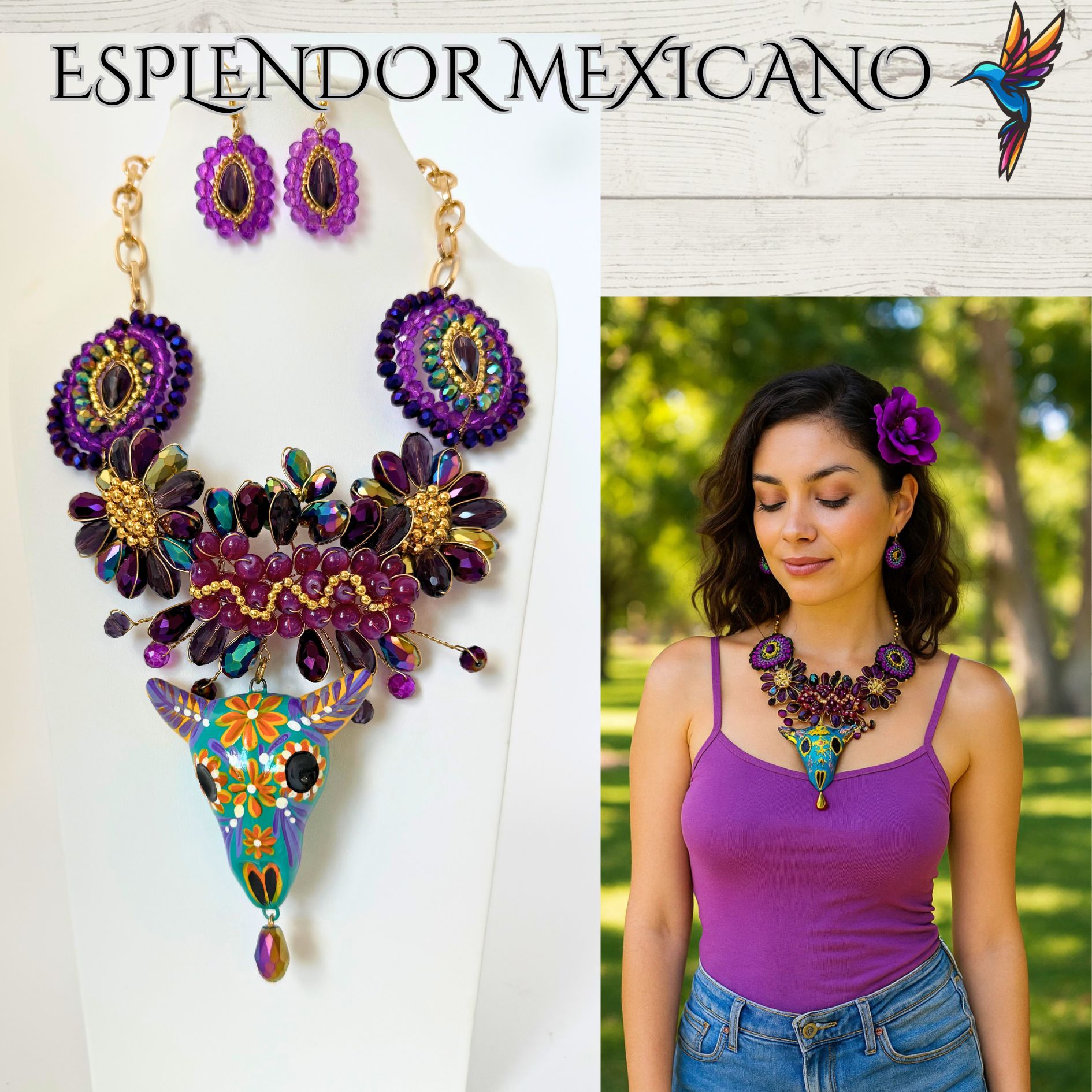 💜✨ Ceramic Skull Necklace Set – Handmade in Mexico