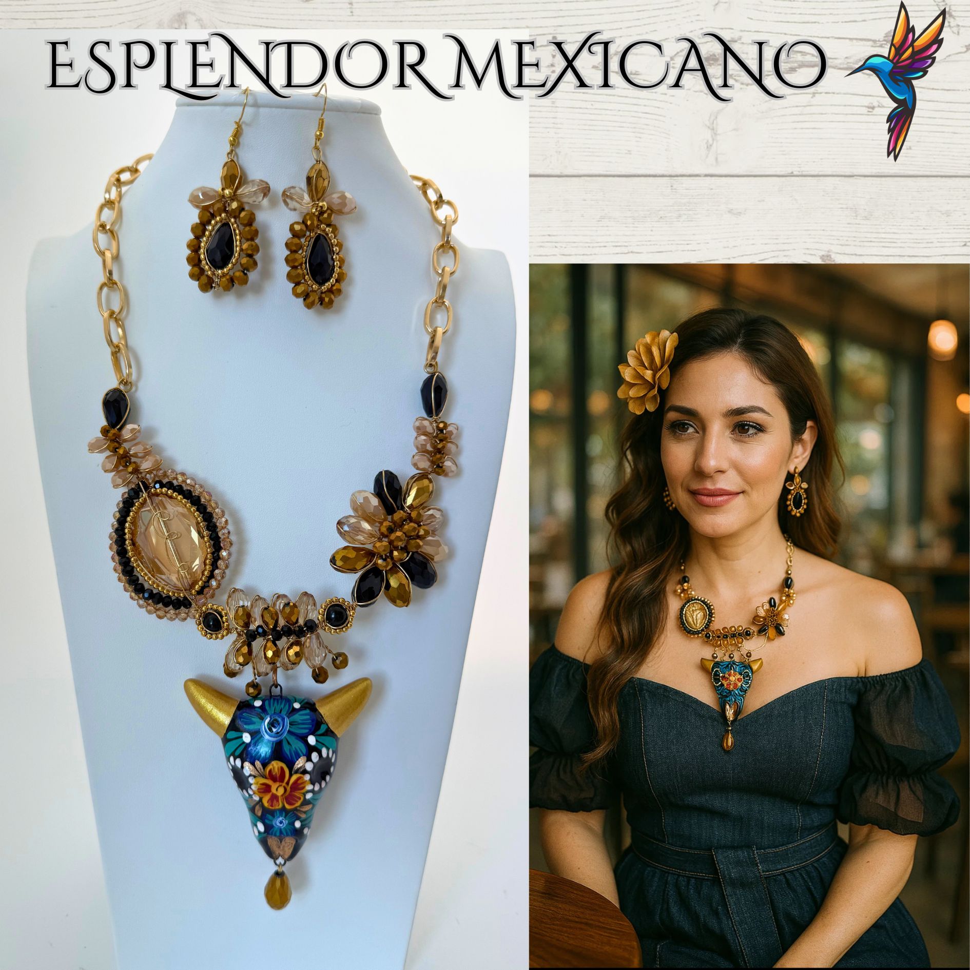 💙🖤✨ Ceramic Skull Necklace Set – Handmade in Mexico