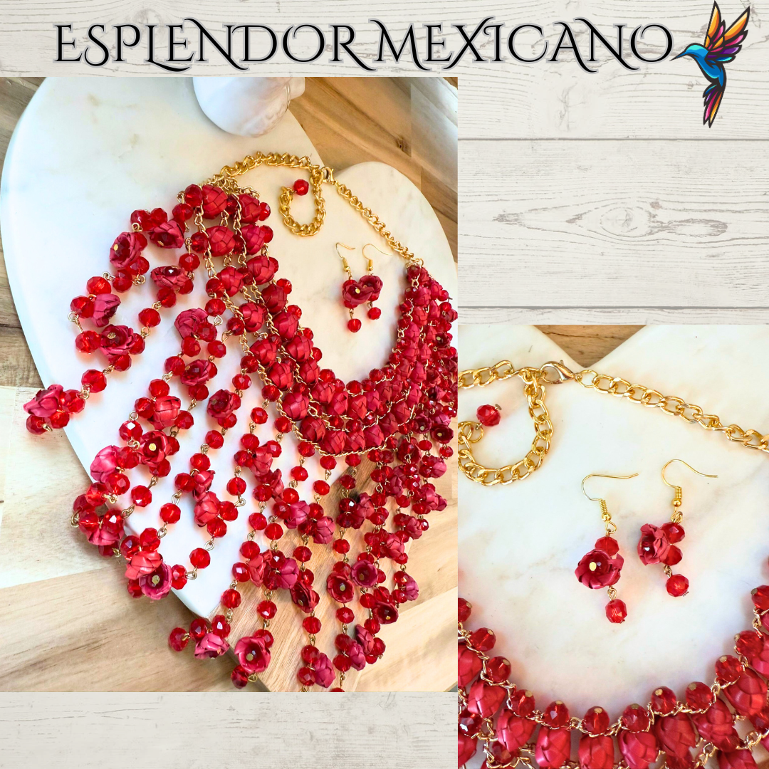 ❤️ Cascada Roja Statement Necklace Set – Hand-Painted Palm & Beads