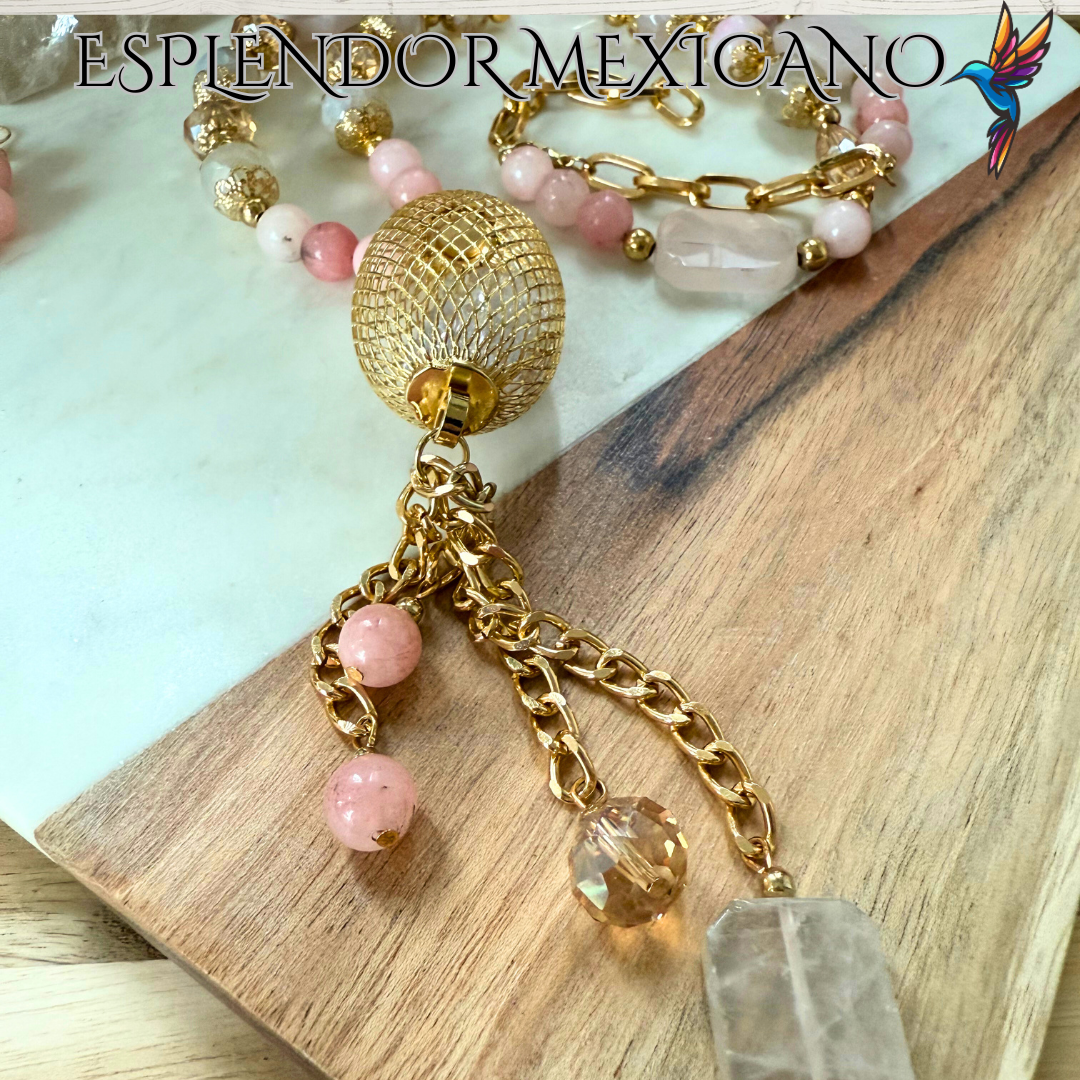 Mexican handmade Rose Pink Quartz Necklace Set/Natural Stone Healing Crystal Spiritual Protection Gift/Glass Charm Pendant/ Stone Necklace
