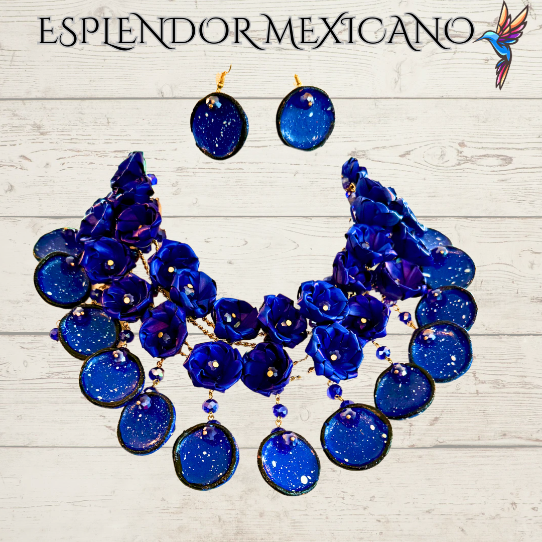 💎💙 Bold Blue Heritage Necklace Set – Mexican Talavera & Palm Craft