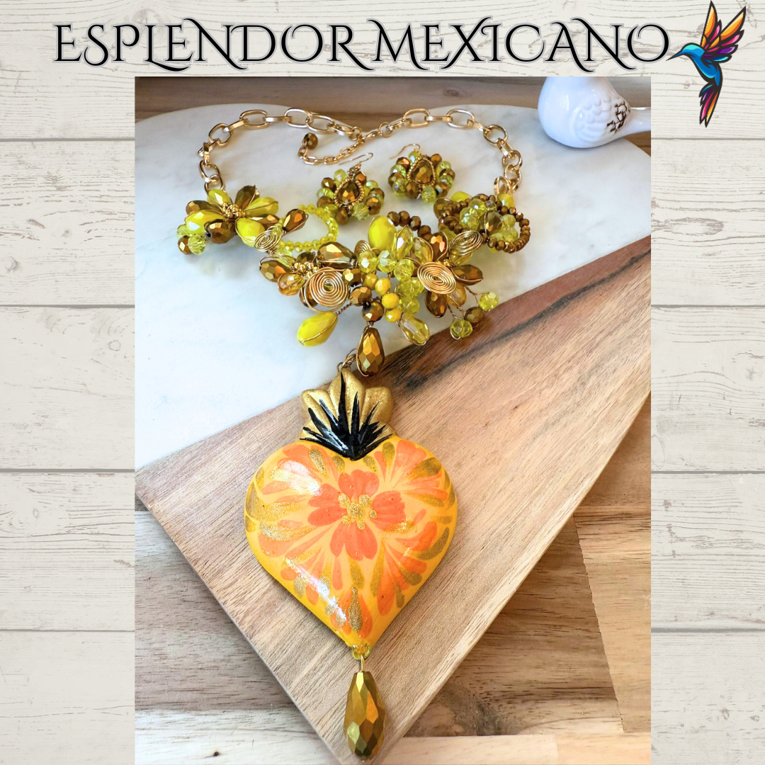 🧡💛 Floral Heart Necklace Set – Hand-Painted Ceramic & Beads | Handmade in Mexico