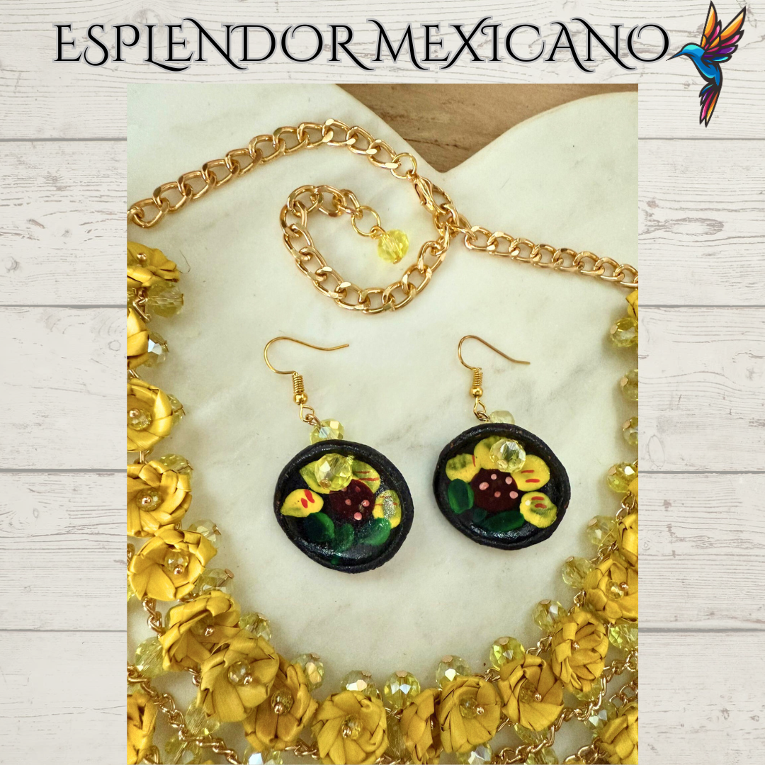 🌸 Fiesta Dreams Statement Necklace Set – Hand-Painted Talavera & Palm