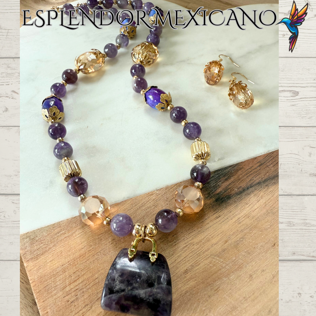 💜 Amethyst & Agate Purse Charm Necklace – Handmade in Mexico