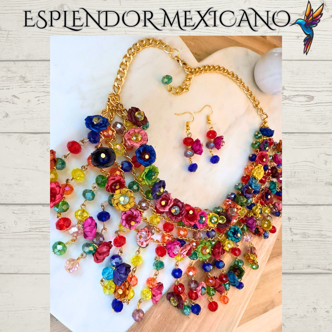 💙🩷💚 Palm Statement Necklace Set – Handmade in Mexico