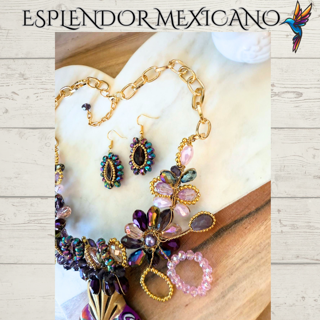 💜💛 Floral Heart Necklace Set – Hand-Painted Ceramic & Beads | Handmade in Mexico