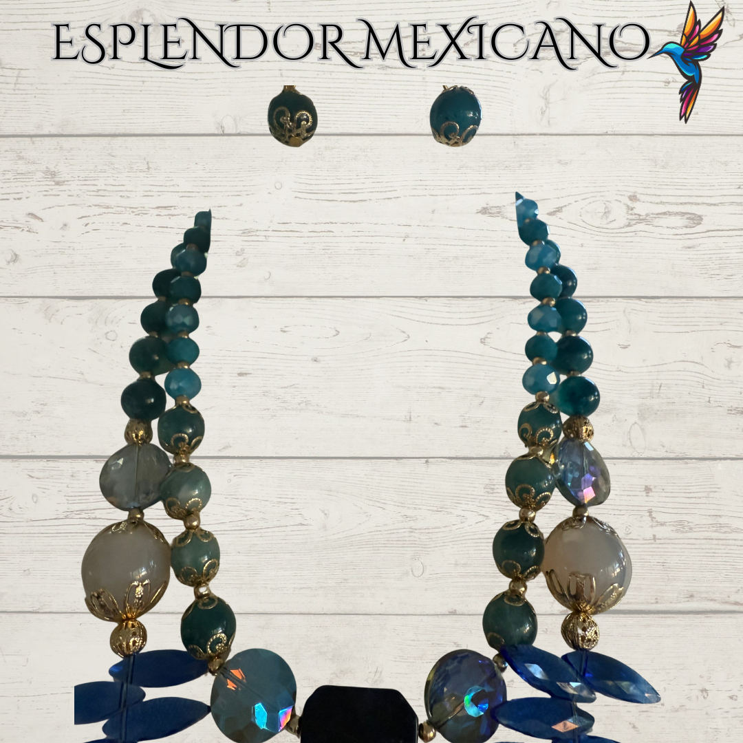 💙 Golden Handmade Necklace with Blue & Turquoise Gemstones – Artisan Jewelry from Mexico