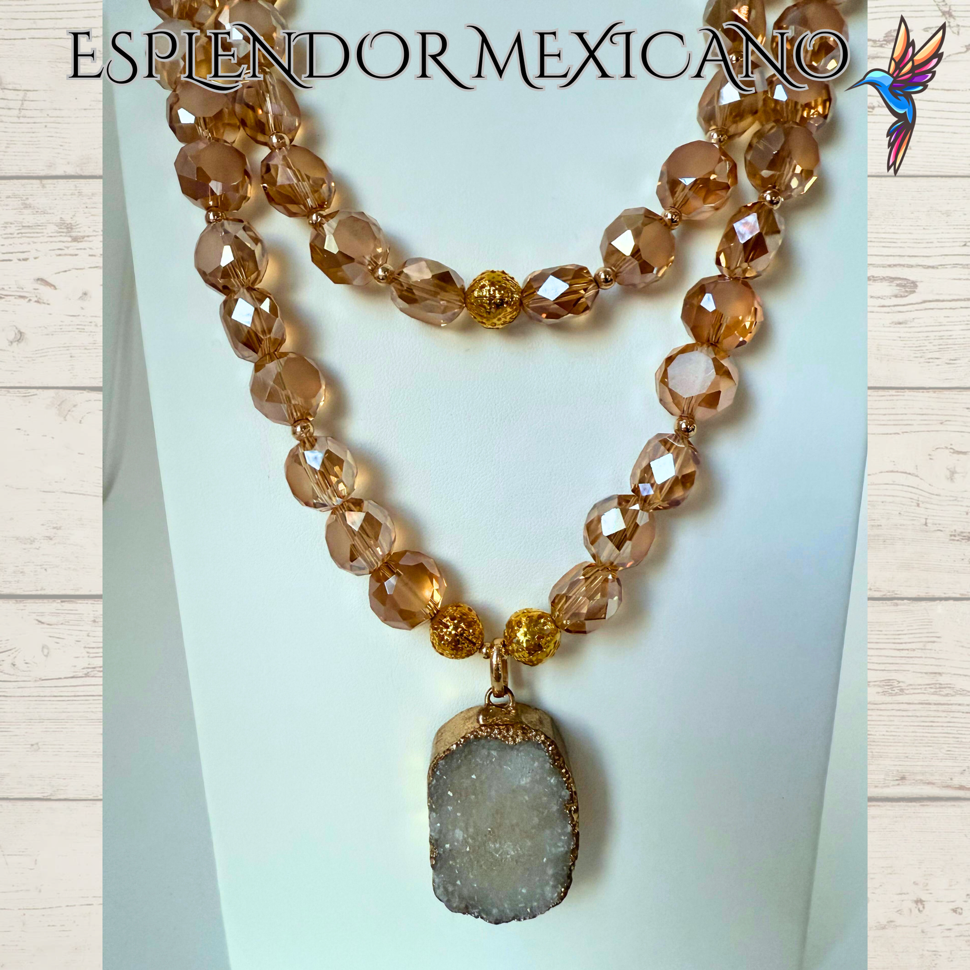 Beaded Golden Honey Faceted Cut Glass with Natural Stone pendant Necklace