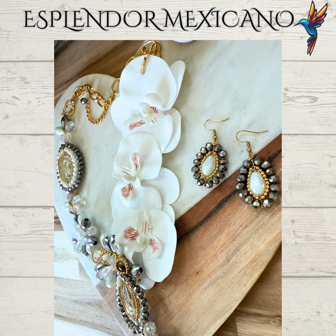 🌸 White Orchid Statement Necklace Set – Handmade in Mexico