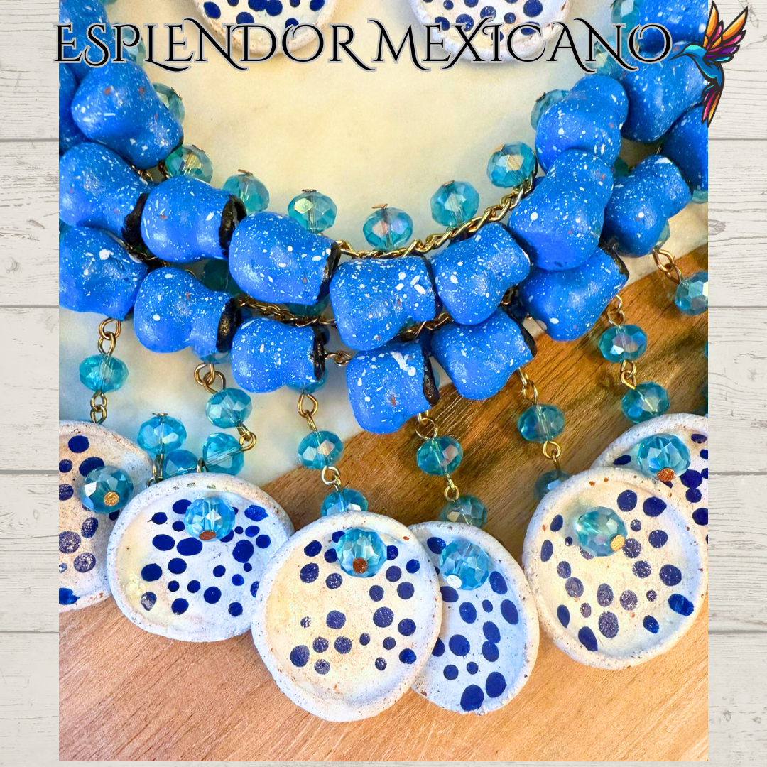 💙🩵 Fiesta Dreams Statement Necklace Set – Talavera Clay Jarritos, Platitos & Glass Beads