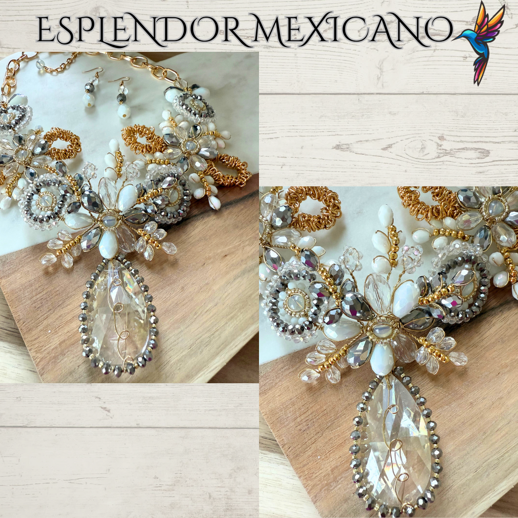 🤍✨ White & Gold Tear Drop Beaded Necklace Set – Handmade in Mexico