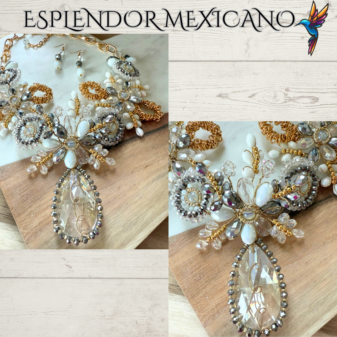🤍✨ White & Gold Tear Drop Beaded Necklace Set – Handmade in Mexico
