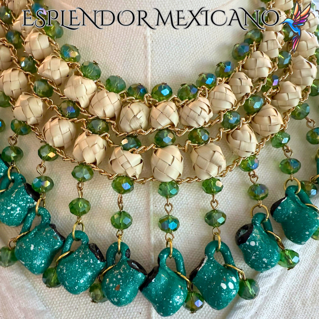 💚 Fiesta Dreams Statement Necklace Set – Talavera Clay Platitos, Palm & Beads