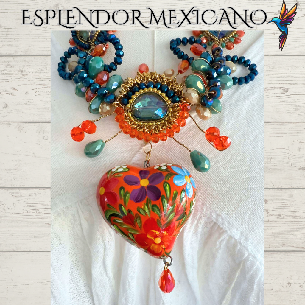 🧡💙 Floral Heart Necklace Set – Handmade in Mexico