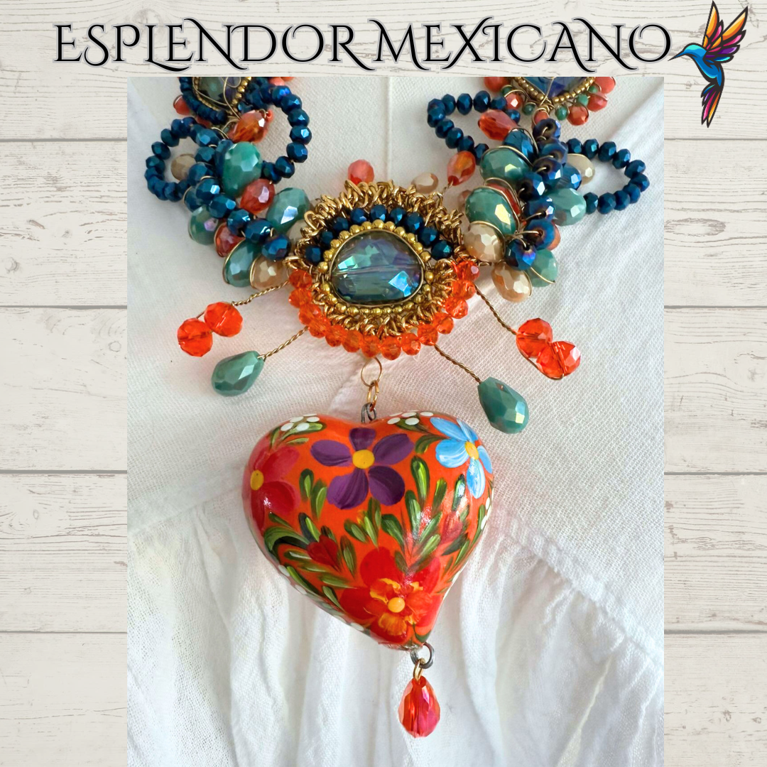 🧡💙 Floral Heart Necklace Set – Handmade in Mexico
