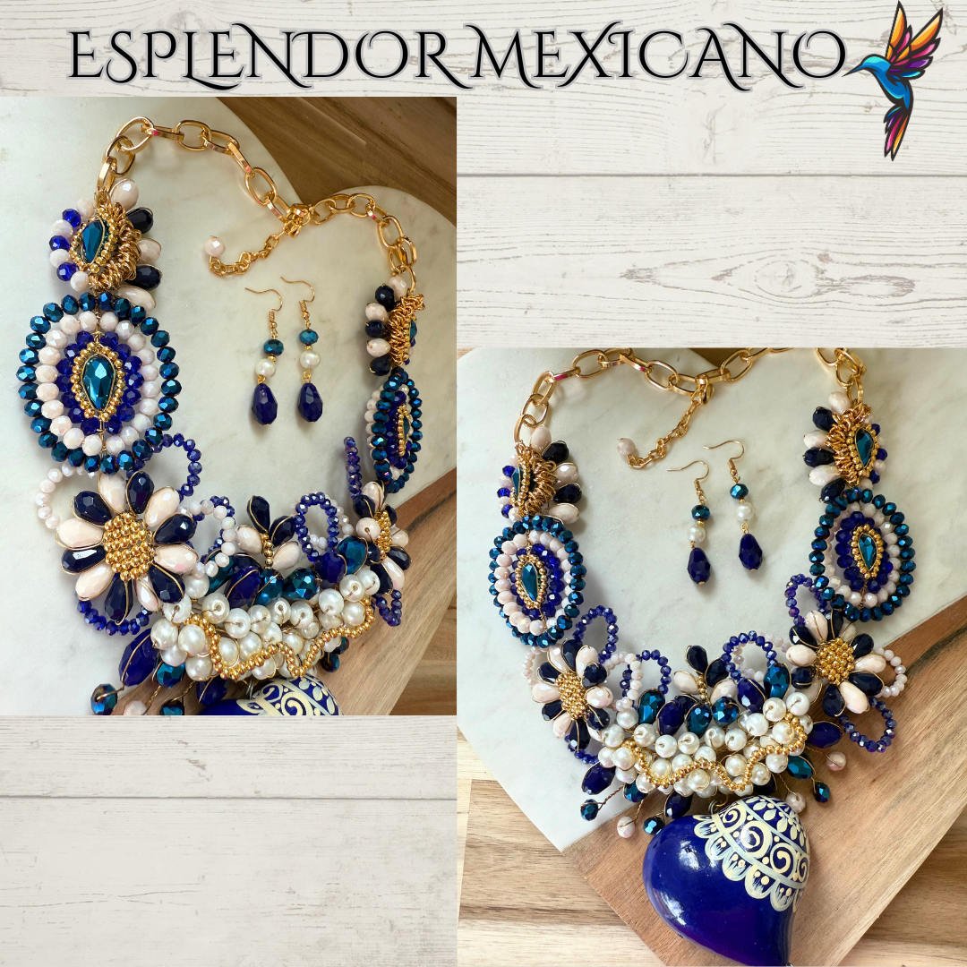 Mexican handmade Beaded Necklace Set with Hand Painted Ceramic Heart