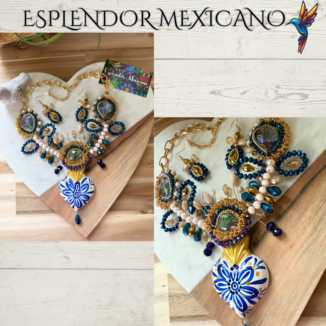 💙 Blue & Gold Ceramic Heart Necklace Set – Handmade