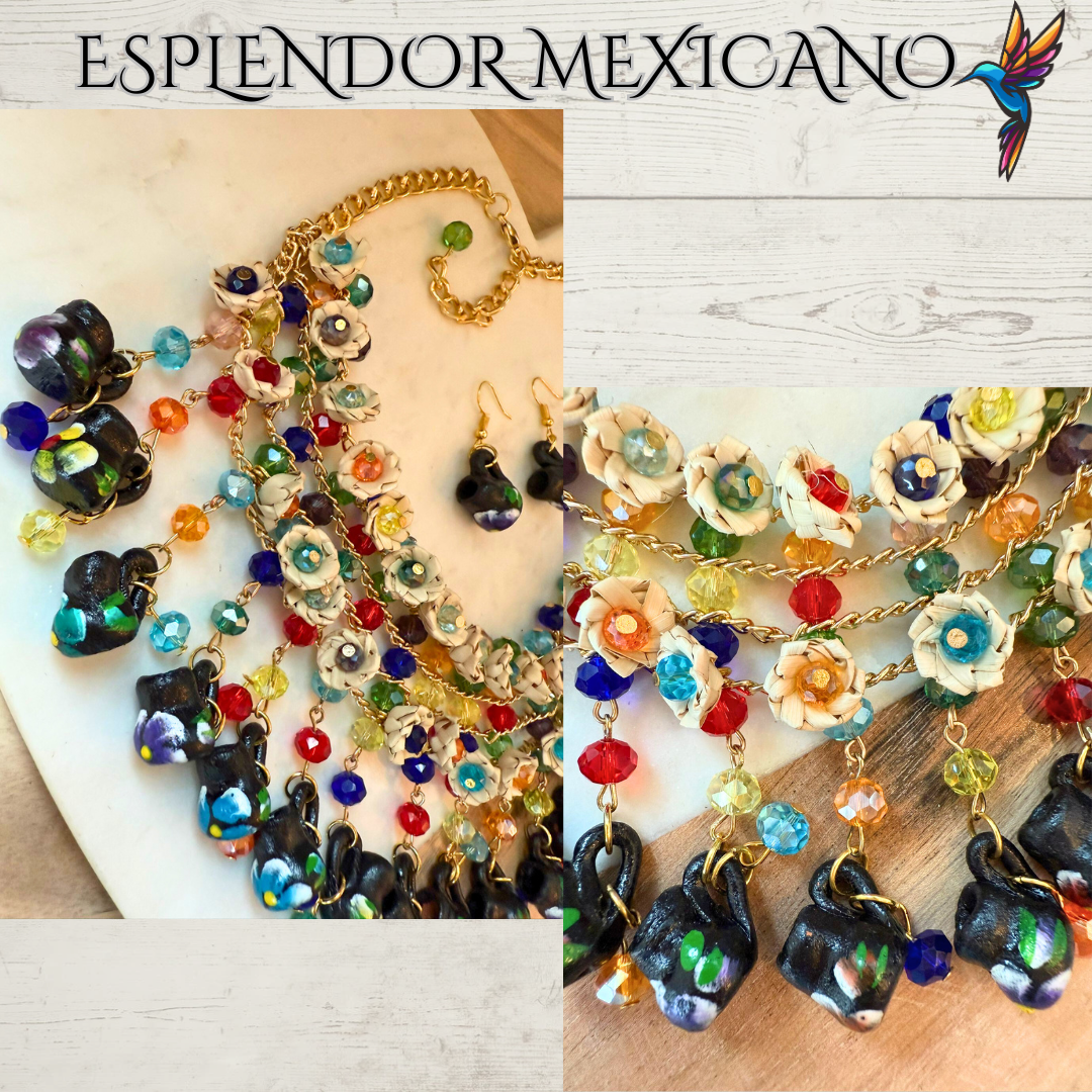 🌸 Fiesta Dreams Statement Necklace Set – Hand-Painted Jarritos, Palm & Beads