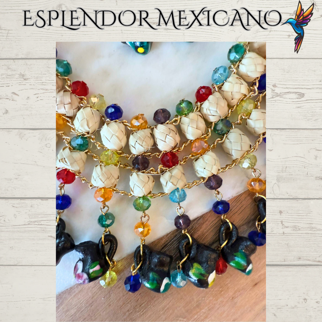 🌈 Colorful Jarritos Statement Necklace Set – Palm, Talavera Clay & Beads
