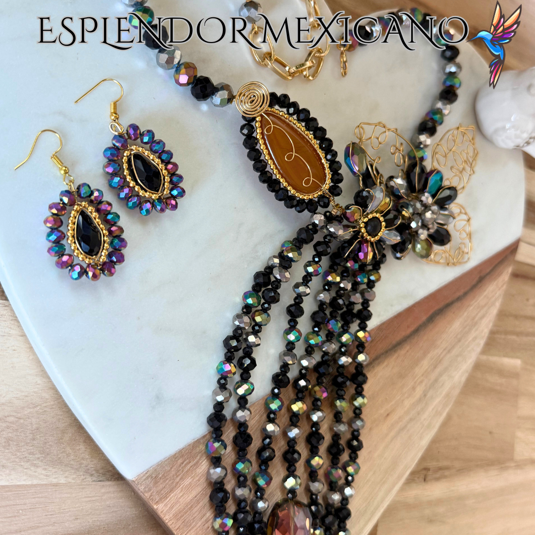 🖤💛 Handmade Floral Cascade Necklace Set