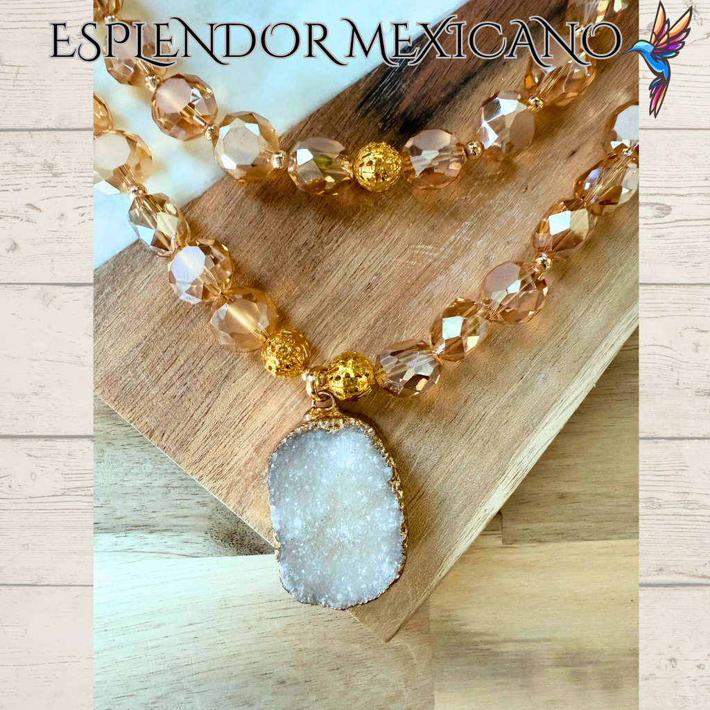 Beaded Golden Honey Faceted Cut Glass with Natural Stone pendant Necklace