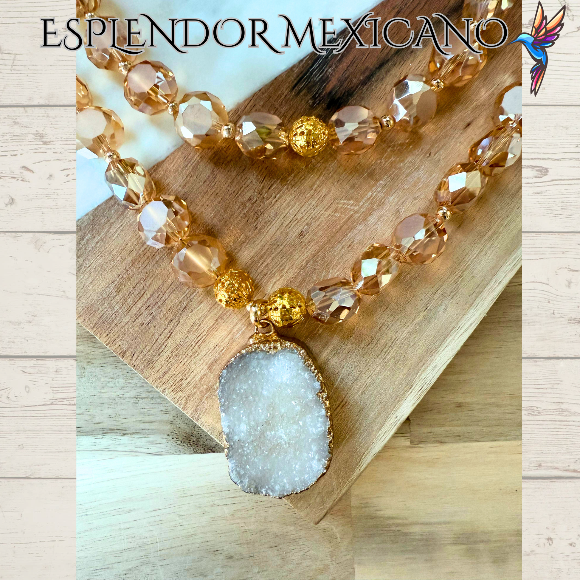 Beaded Golden Honey Faceted Cut Glass with Natural Stone pendant Necklace