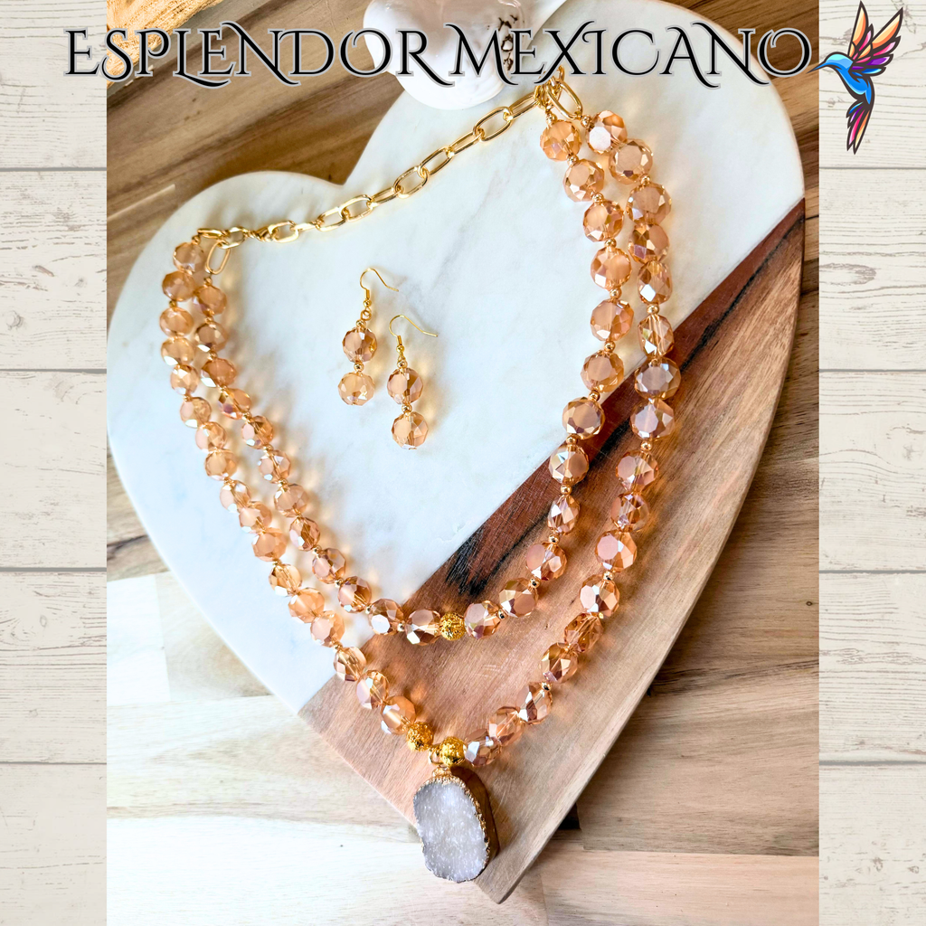 Beaded Golden Honey Faceted Cut Glass with Natural Stone pendant Necklace