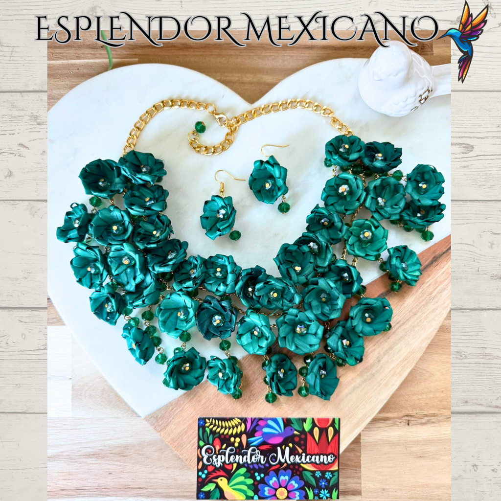 ❤️🤍💚💙 Rosalía Bloom Statement Necklace Set – Handmade Palm & Glass Beads