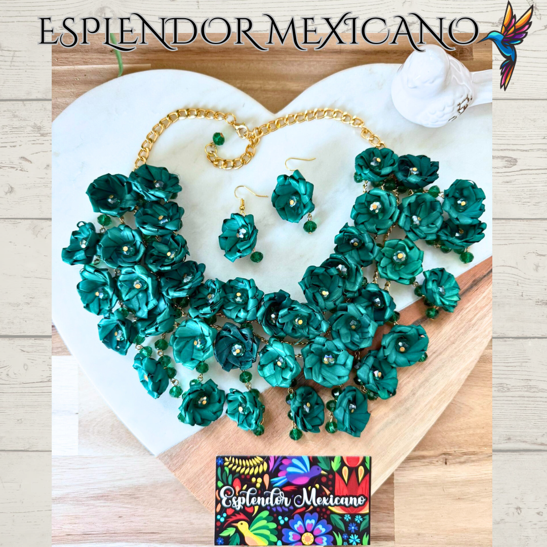 ❤️🤍💚💙 Rosalía Bloom Statement Necklace Set – Handmade Palm & Glass Beads