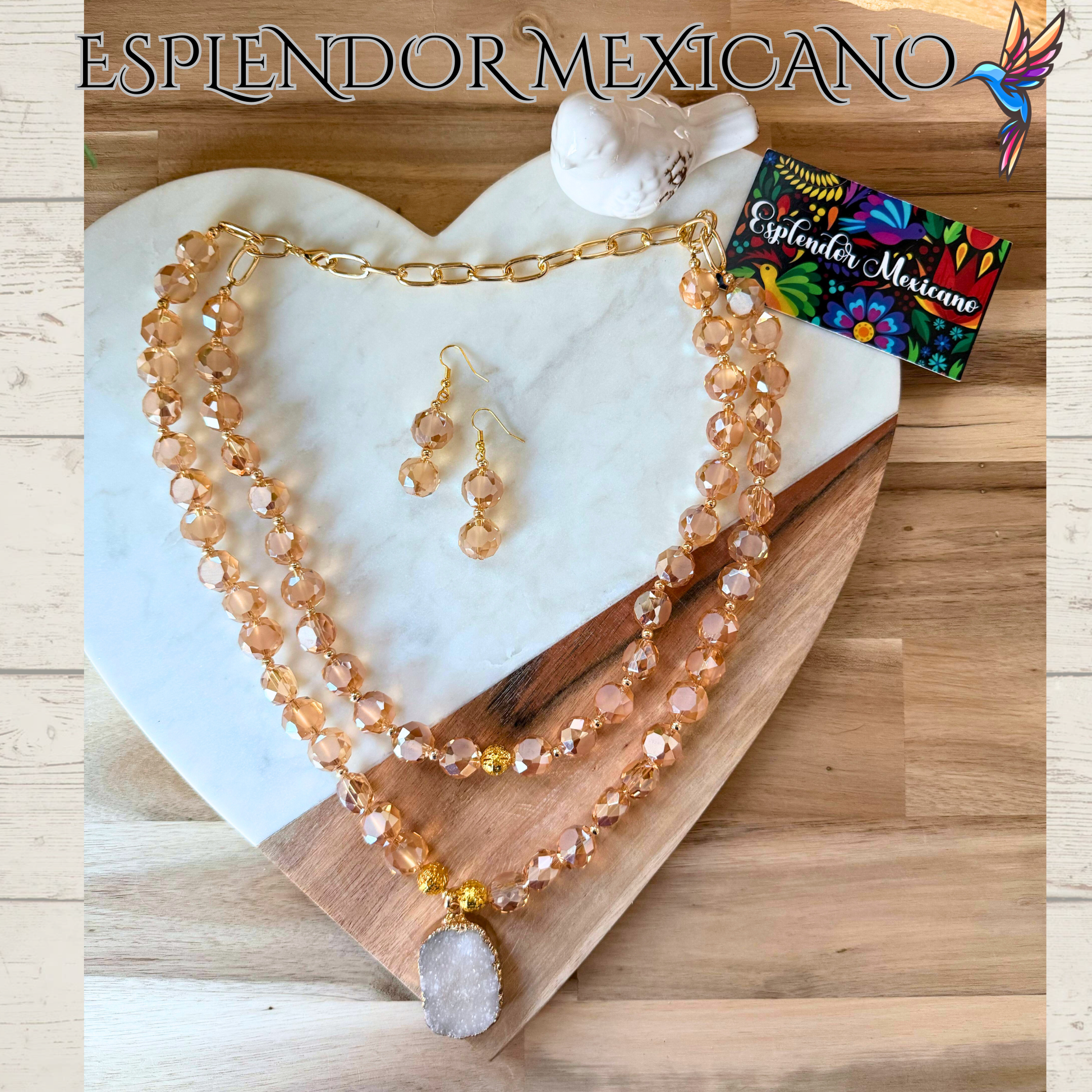 Beaded Golden Honey Faceted Cut Glass with Natural Stone pendant Necklace