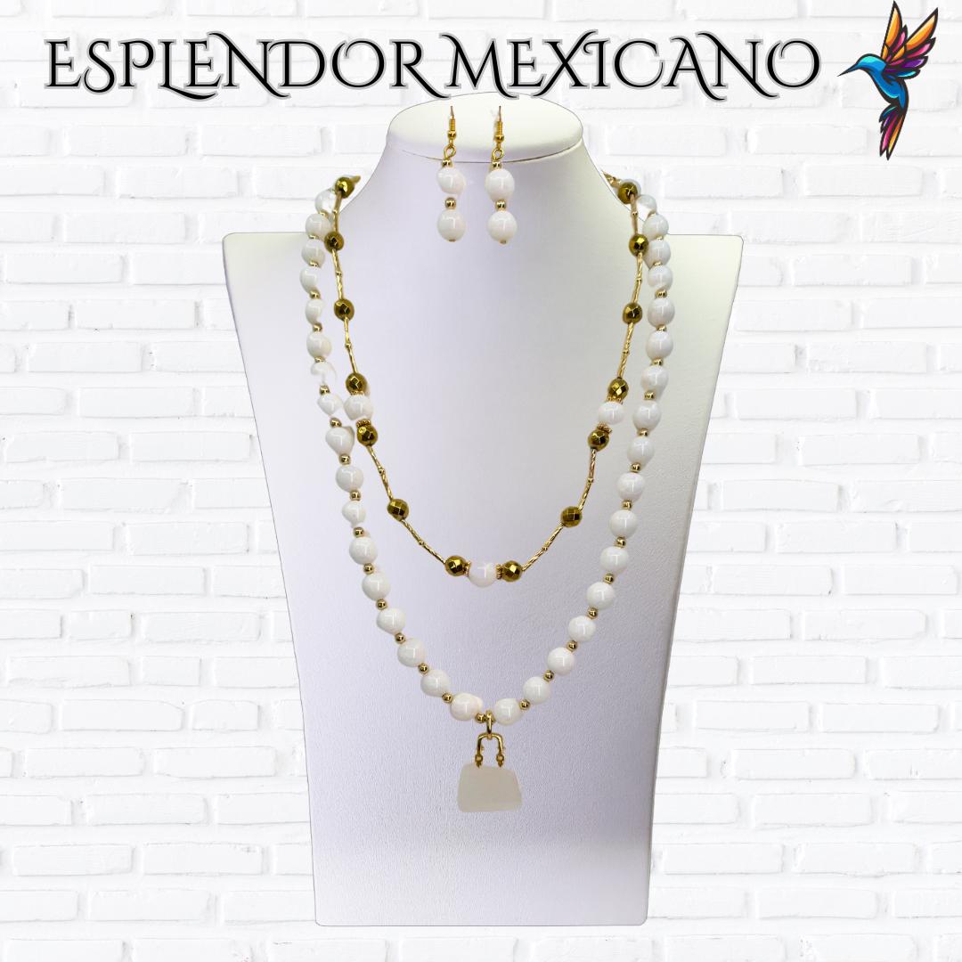 Mexican handmade White Jade Necklace Set/Natural Stone Healing Crystal Spiritual Protection Gift/ Beaded Stone Necklace/Health benefit stone
