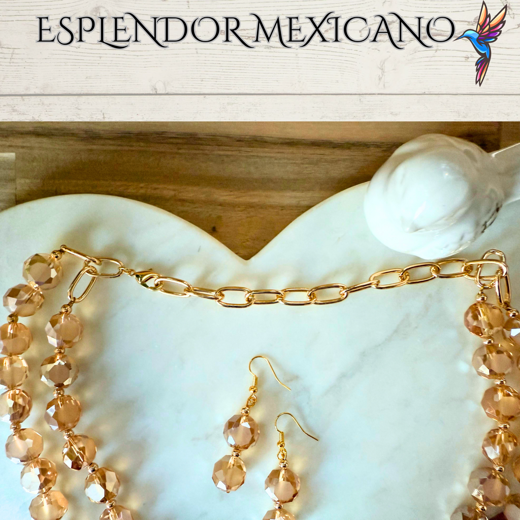 Beaded Golden Honey Faceted Cut Glass with Natural Stone pendant Necklace