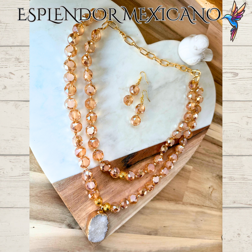 Beaded Golden Honey Faceted Cut Glass with Natural Stone pendant Necklace