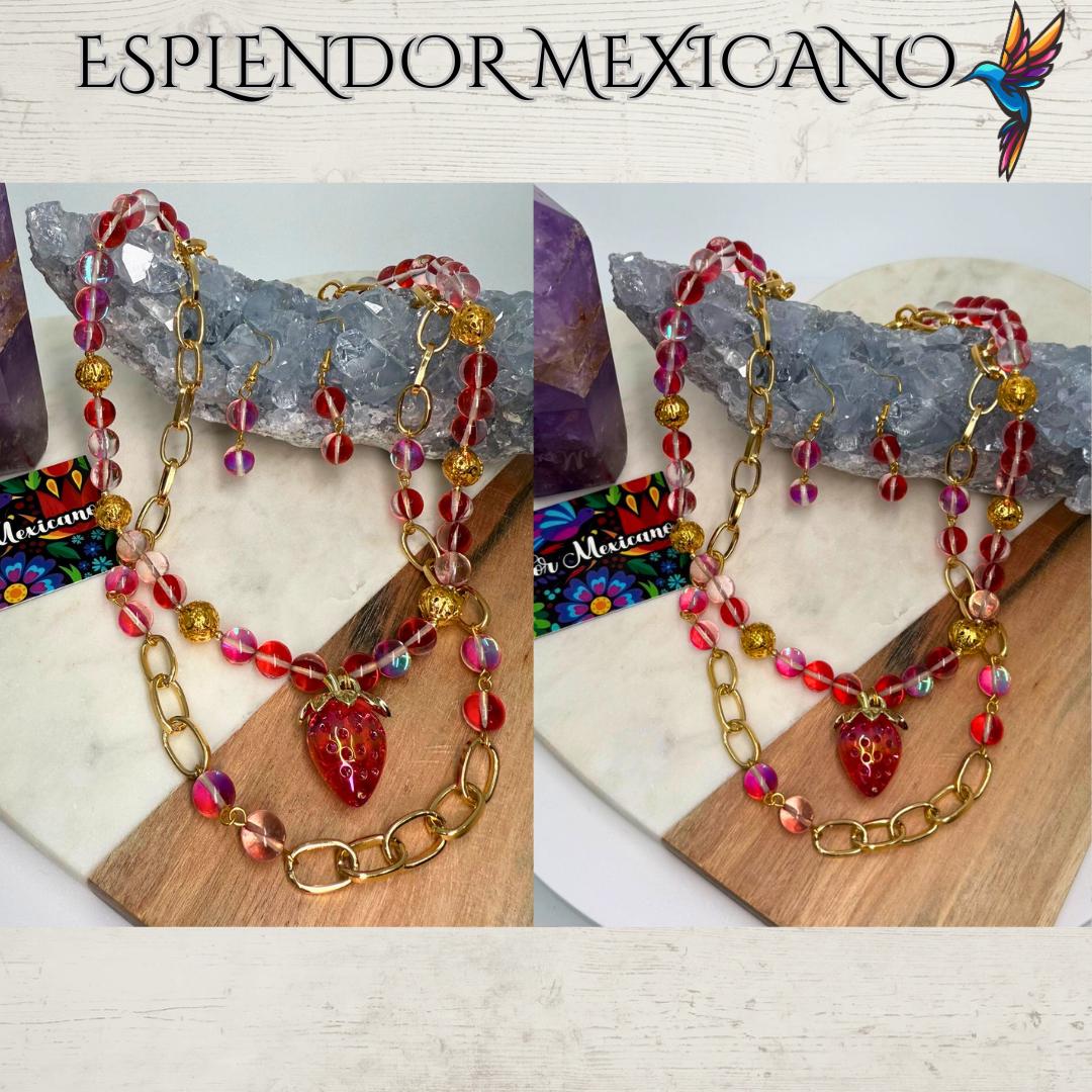 Mexican handmade Strawberry Electrified Quartz Necklace / Natural Stone Healing Crystal Spiritual Protection Gift  / Beaded Stone Necklace
