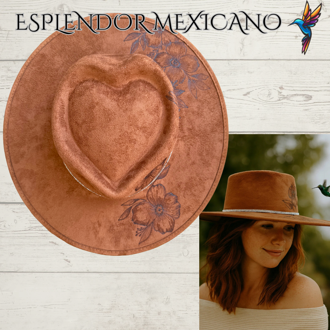 🤎 Hand-Burned Suede Cowgirl Hat – Hummingbird & Floral Design