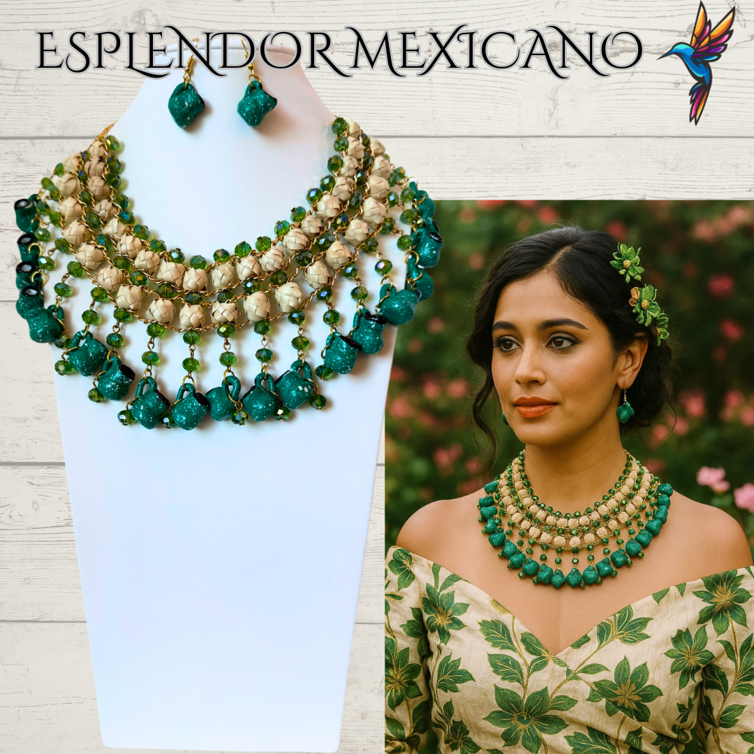 💚 Fiesta Dreams Statement Necklace Set – Talavera Clay Platitos, Palm & Beads