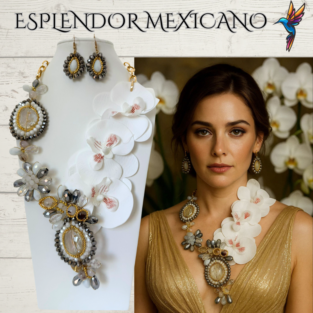 🌸 White Orchid Statement Necklace Set – Handmade in Mexico