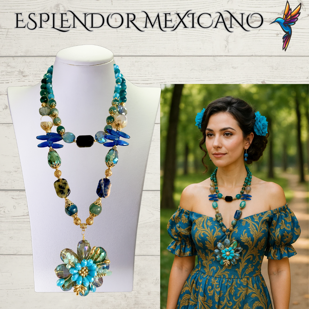 💙 Golden Handmade Necklace with Blue & Turquoise Gemstones – Artisan Jewelry from Mexico