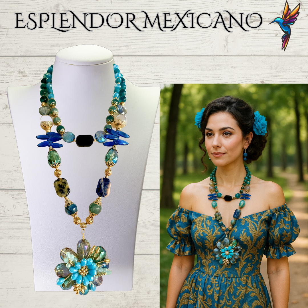 💙 Golden Handmade Necklace with Blue & Turquoise Gemstones – Artisan Jewelry from Mexico