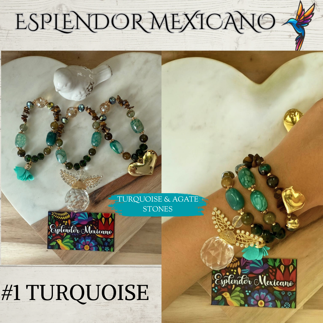 ✨ Handmade Natural Stone Trio Bracelet Set – Heart & Angel Charms