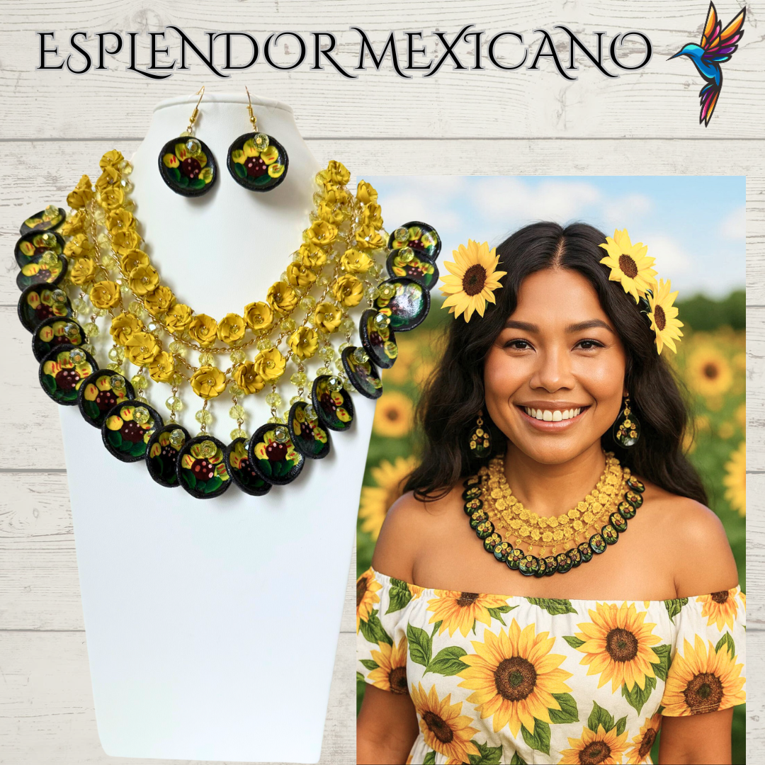🌸 Fiesta Dreams Statement Necklace Set – Hand-Painted Talavera & Palm