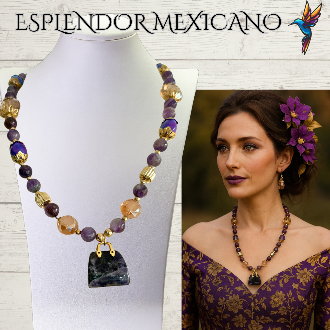 💜 Amethyst & Agate Purse Charm Necklace – Handmade in Mexico