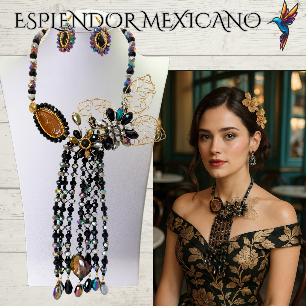 🖤💛 Handmade Floral Cascade Necklace Set