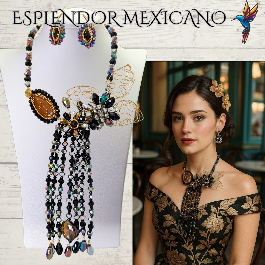 🖤💛 Handmade Floral Cascade Necklace Set