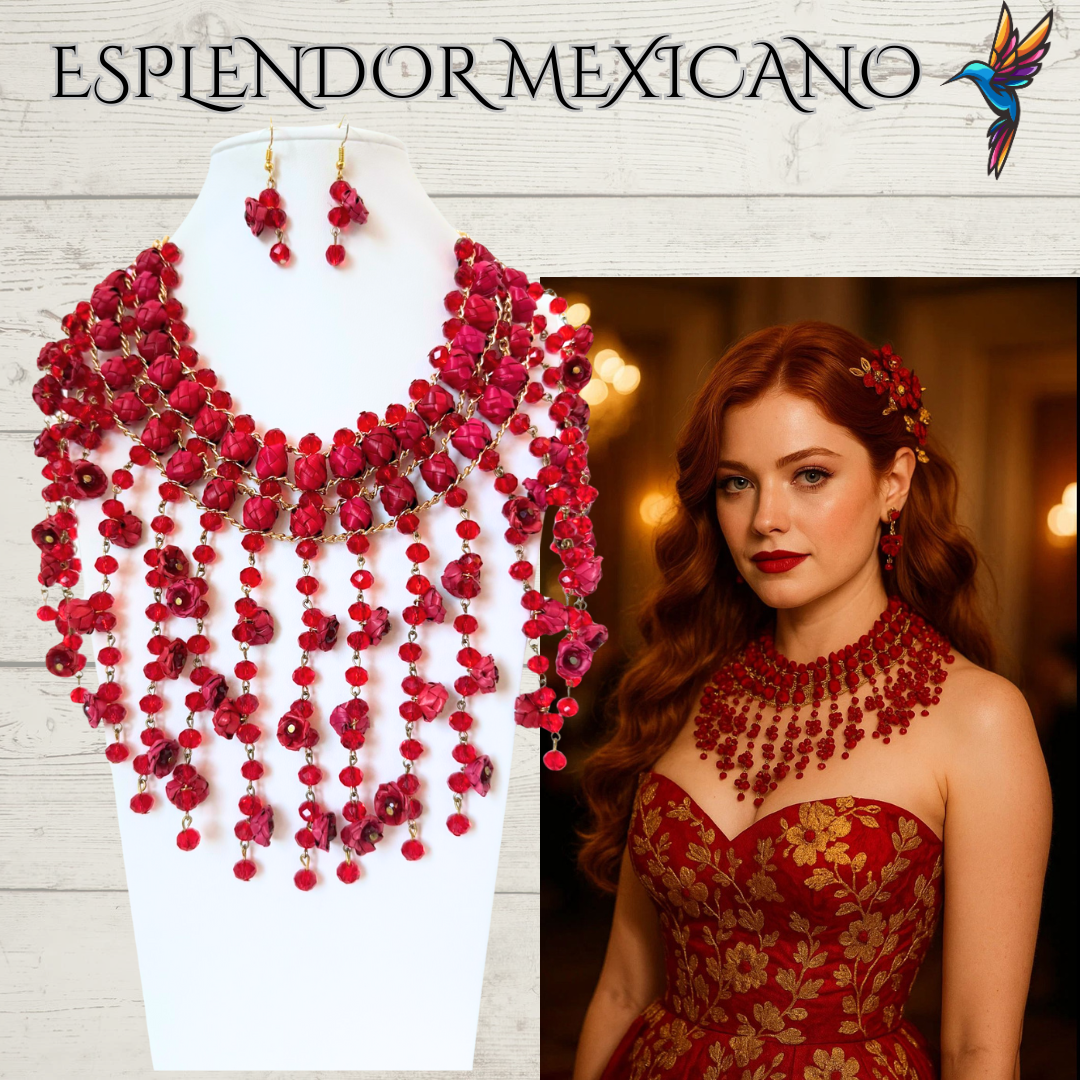❤️ Cascada Roja Statement Necklace Set – Hand-Painted Palm & Beads