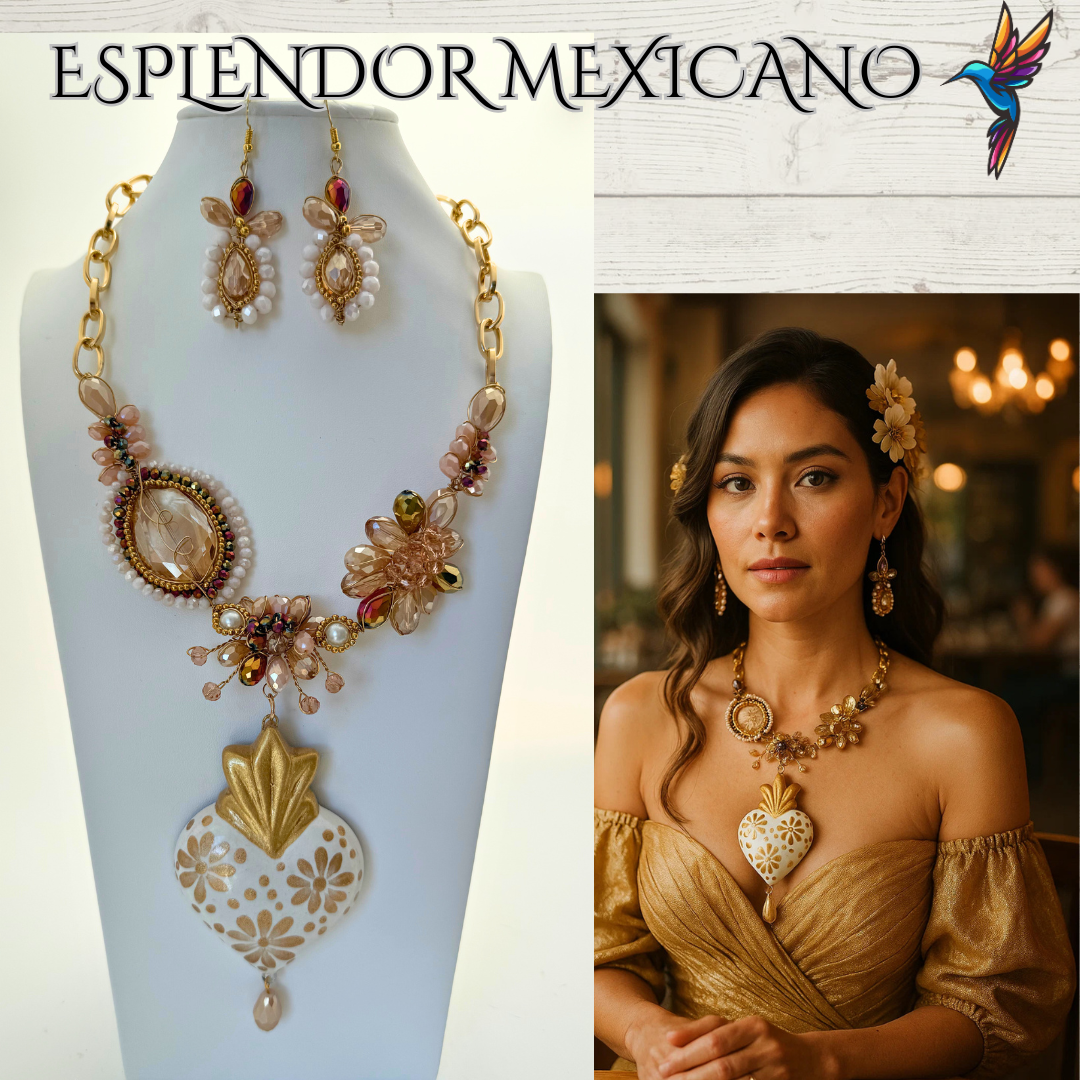 💛✨ Nude Floral Heart Necklace Set – Handmade in Mexico